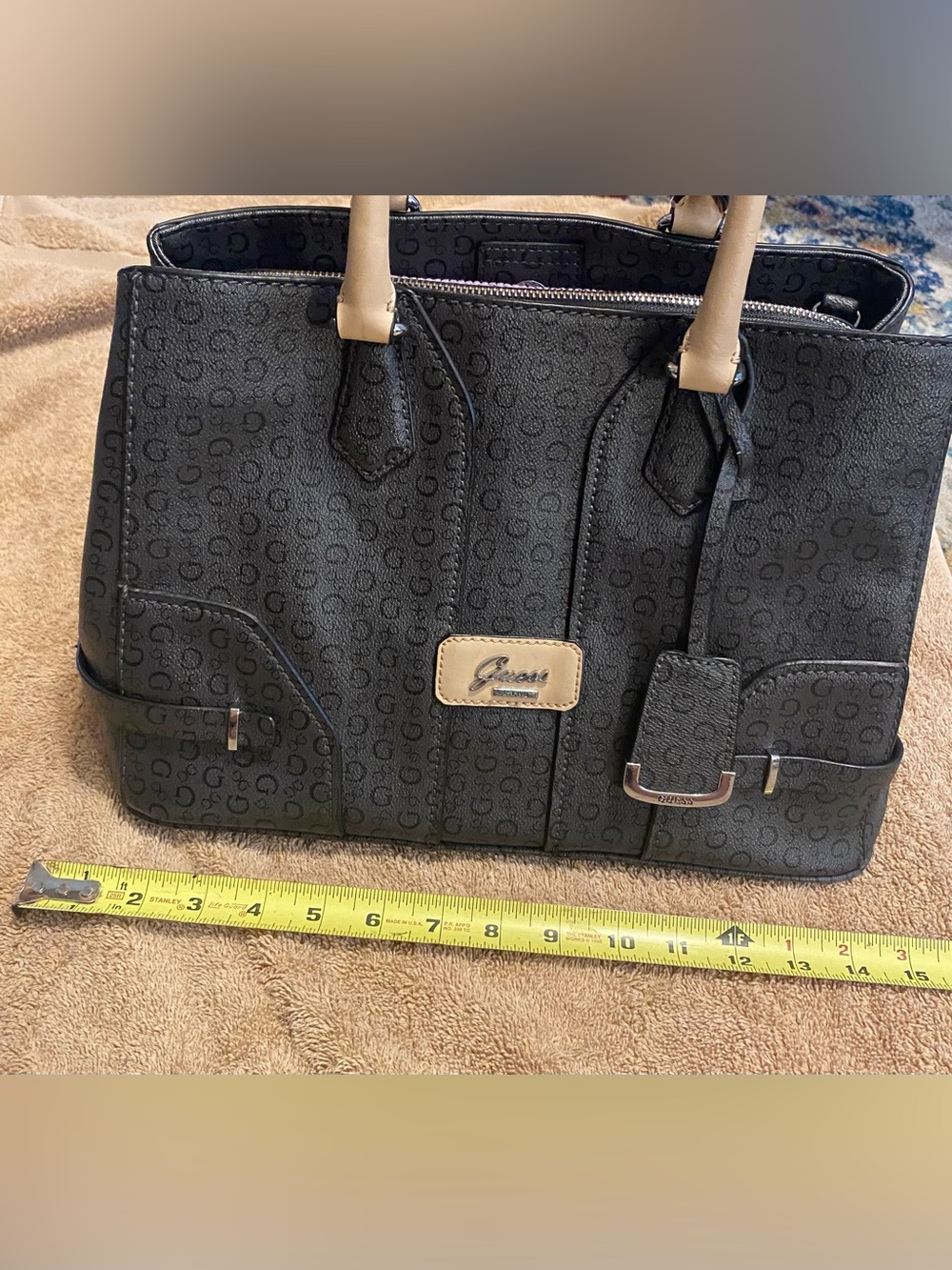 Guess Monogram Satchel Bag Y2K Charcoal Black Beige Top Handle - Picture 10 of 16